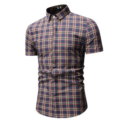 

Tailored Mens Summer Fashion Casual Striped Plaid Lapel Short Sleeve Top Blouse