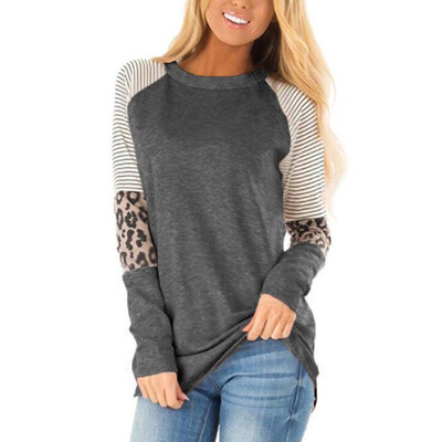 

Fashion Women Autumn Splicing Longline T-Shirt Striped Leopard Print O Neck Long Sleeve Casual Top