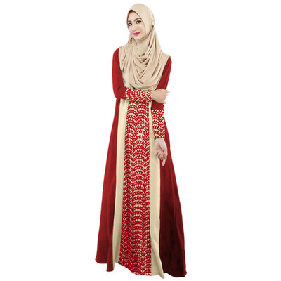 

New Fashion Women Muslim Maxi Dress Contrast Color Pitches Long Sleeve Abaya Kaftan Islamic Indonesia Robe Long Dress