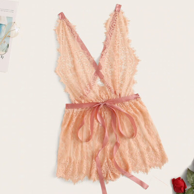 

Gobestart Women Sexy Lace Deep V-neck Jumpsuit Lingerie Cross Romper Backless Bodysuit