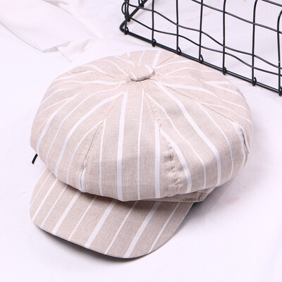 

Hat womens spring&summer cotton striped octagonal hat students casual lying hat pure color artist hat tide