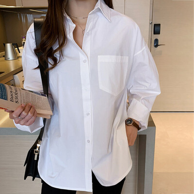 

Casual Loose Cotton Women Blouse Shirts Spring Autumn Turn-down Collar Long Sleeve Buttons Solid Color Women Tops