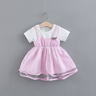 

Children Girls Dress Summer Cute Striped Print Fake Two Piece Bottoming Short Sleeved Sweet Princess Dress