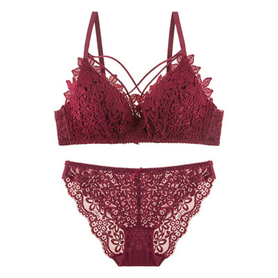 

New sexy Floral Embroidery bra Purple lace deep-V 34 cup push up bralettebandage briefs hollow out bras underwear sets