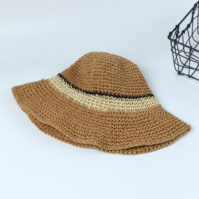 

Spring&summer sun hat summer female ins hand crochet straw hat folding sun hat large brim striped beach hat