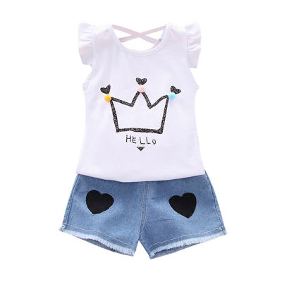 

Summer Girls Clothes Set Cotton Denim Shorts Casual Crown Pattern Sleeveless Tops VestShorts Suits Costume Set