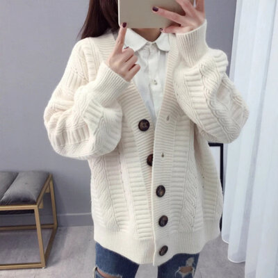 

Sweater Jacket Female Korean Version Of The Loose Simple Fashion Long Section Cardigan Was Thin V-Neck Single-Breasted