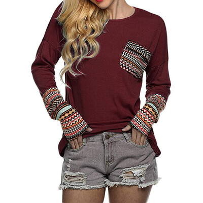 

Women Fashion Print Pocket Wild T-Shirt Round Collar Summer Loose Long Sleeve Casual Simple T-Shirt