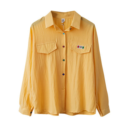 

White Yellow Blue Korean Style Loose Casual Colorful Button Blouse Fashion Sweet Long-sleeve Womens Solid Shirt