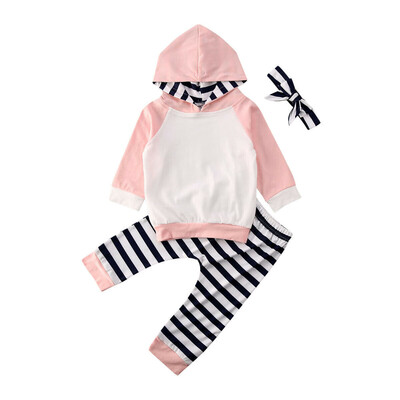

Newborn Baby Girl 3PCS Clothes Set Hoodies Tops Stripe Pants Headband Outfits
