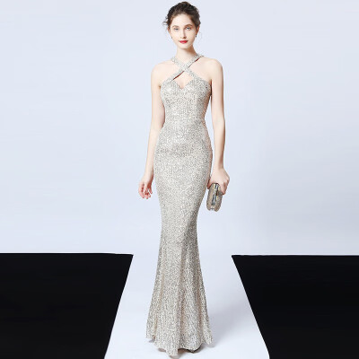 

Bling Bling Sequins Evening Dress Sexy Hanging Neck Elegant Mermaid Long Formal Evening Party Dress