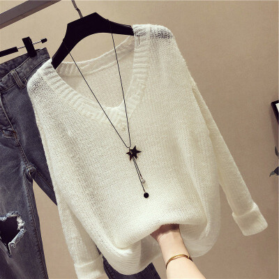 

Autumn New Loose Casual Solid Color Hollow Sweater Korean Style Long-sleeved V-neck Women Knit Pullover Ladies Tops