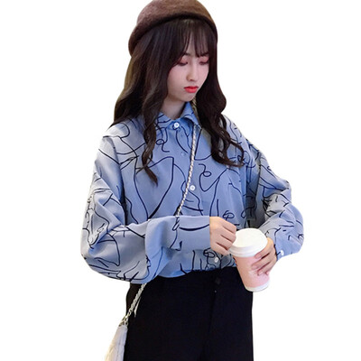 

2019 Autumn New Geometric Line Print Blouse Loose Simple Casual Long Sleeve Shirts Office Lady OL Blouse Shirt White