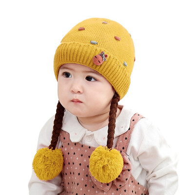 

Winter Warm Toddler Baby Girl Earflap Hat Kids Knit Beanie Cute Embroidery Caps With Fake Braid New