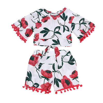 

Children Sets Girls Cotton Flower Flare Sleeves Fur Ball Shirt Shorts Suit High Quality Girls Clothing