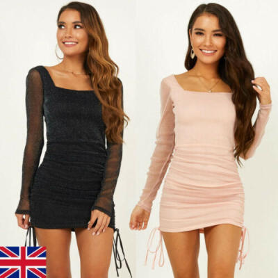 

Glitter Sequin Evening Dress Slit Bodycon Womens Cocktail Wrap V Neck Party UK