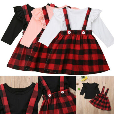 

New Fashion Christmas Princess Kids Baby Girls 2PCS Outfits Clothes Tops T shirt Plaid Overalls Skirts Party Dress Set