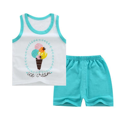 

Summer Cotton Kids Casual Outfits Set-Sleeveless Cartoon Printed T-shirt And Pure Colored Short Pants 2-7T