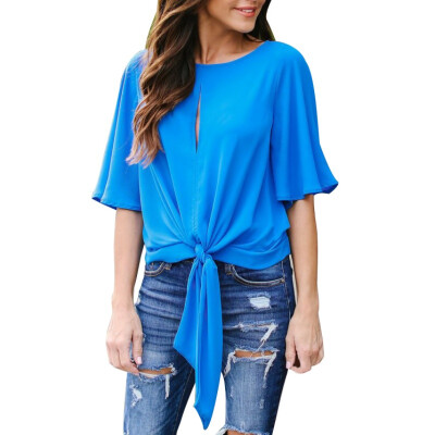 

Summer Round Neck Half Flare Sleeve Bandage Chiffon Blouse White Top Female Casual Solid Color Womens Blouses Hot Sale