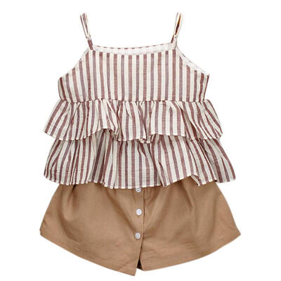 

Hot Summer Baby Girls Sleeveless Stripe Print Strap TopsSkirt Shorts Suits Casual Outfits Sets