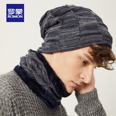 

ROMON ROMON autumn&winter hat mens trend wild warm neck set wool hat plus velvet knit hat windproof cap combination navy
