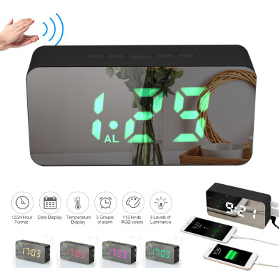 

Digital Colorful RGB LED Mirror Alarm Clock USBBattery Powered Desktop Thermometer Clock with Adjustable Luminance 3 Alarms Snooz