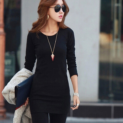 

New Women Winter Plus Velvet T-Shirt Solid Color Round Collar Slim Top Long Sleeved Casual Bottoming Long Tops for Female