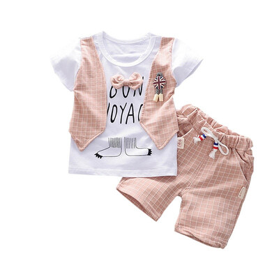 

summer Baby clothes for boys fake 3pcs cartoon plaid short sleeve shorts&casual pants suit