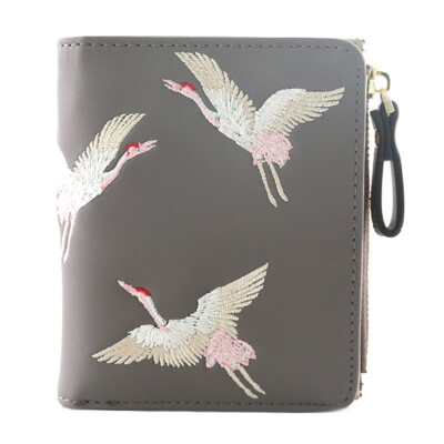 

Fashion Crane Embroidery Women Mini Wallet Short Purse Zipper Coin Card Holder