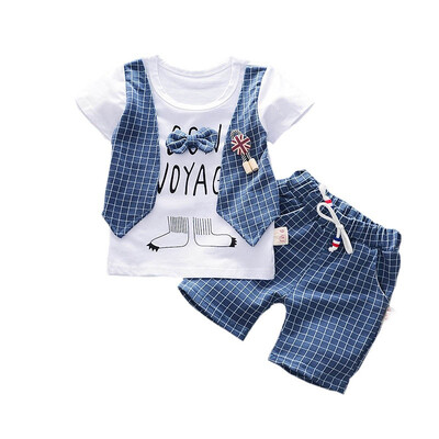 

summer Baby clothes for boys fake 3pcs cartoon plaid short sleeve shorts&casual pants suit