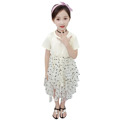 

2-7T Children Summer Girls Cute Irregular Mesh Stitching Short Sleeve Sweet Princess Dot Print Dress