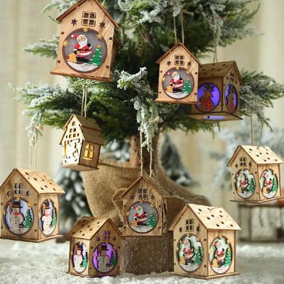 

Christmas Luminous Wooden House with Colorful LEDs Light DIY Wood Chalet Christmas Tree Hanging Ornaments Xmas Festival Holiday De