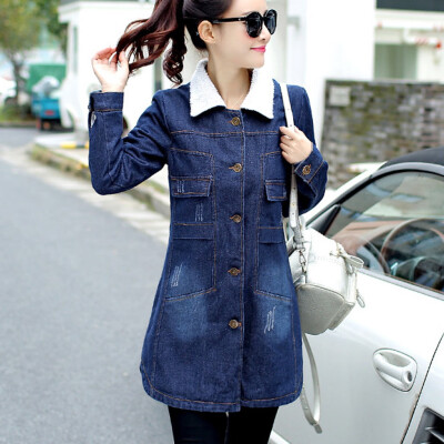 

Tailored Fashion Women Jeans Top Denim Blouse Lapel Thick Long Sleeve Loose Coat