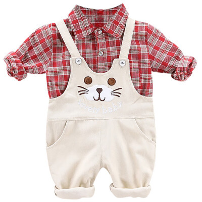 

Cute Baby Boy Clothes 2pcs Autumn Outfits Long Sleeve Plaid Print Shirt BlouseCartoon Strap Overalls pants Casual Sets