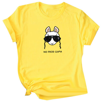 

Cute Cartoon Llama Print Summer Short Sleeve Women T-Shirt Plus Size Basic Top