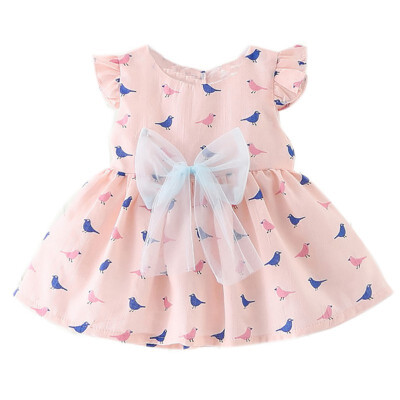 

Summer New Girls Dress Korean Fashion Fashion Dress Bird Pattern Bow Decoration Dress