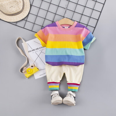 

2PcsSet Summer Children Baby Boys Casual Short Sleeve Rainbow Print T-shirt TopsShorts Suits Costume Set