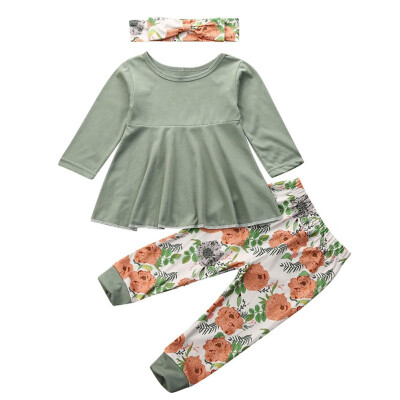 

Autumn Baby Girl Long Sleeve Loose Skirt T-shirt Floral Print Trousers With Headband Outfits Clothes