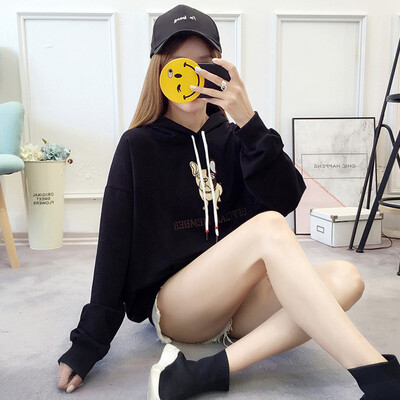 

CITYPLUS 2019 new loose large size shirt thin cartoon embroidery hooded pullover sweater women spring&summer CWWY191218 black M