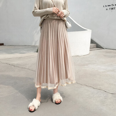 

Fashion Women Skirt Spring Autumn High Waist Pleated Solid Color Half Length Elastic Skirt Promotions Lady Skirt