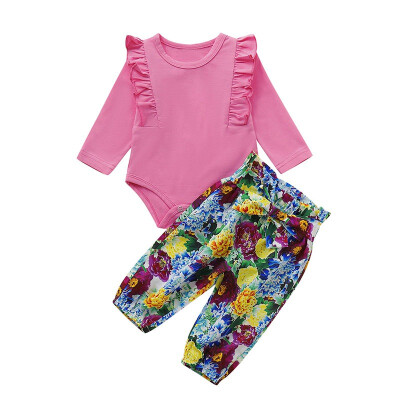 

Autumn Baby Girl Cute Casual Long Sleeve Cotton Romper Tops Floral Print Pants Outfits Set