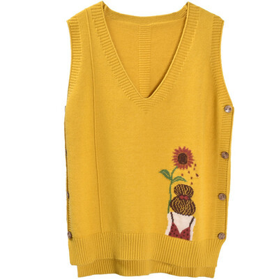 

Autumn Winter New Embroidered Flower Pattern Vest Fashion Sweet V-neck Sleeveless Women Knit Tank Top