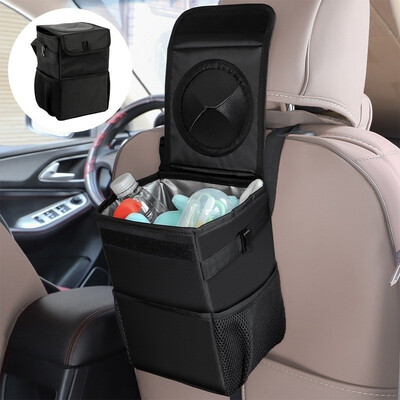 

Universal Auto Trash Bag Oxford with Lid&Side Pocket Leak-Proof Vinyl Inside Lining Car Organizer