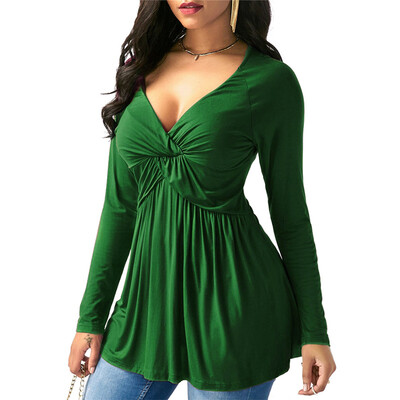 

Women Autumn Plus Size Sexy Deep V Neck Long Sleeve Ruffle Solid T Shirt Loose Casual Tops