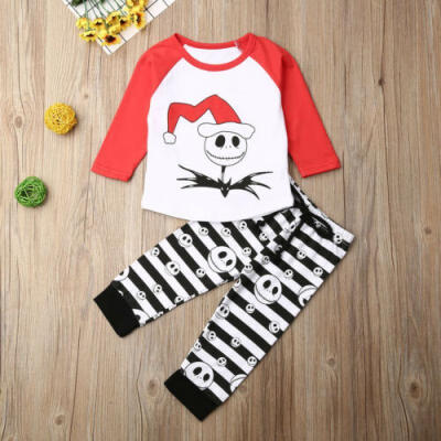 

2PCS Newborn Baby Boy Skull print T shirt Tops Striped Pants Clothes Outfits USA