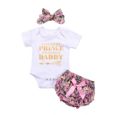 

Infant Baby Girl Summer 3PcsSets Casual Short Sleeve Cotton Romper Tops Floral Pattern Briefs Shorts With Headband Outfits Set