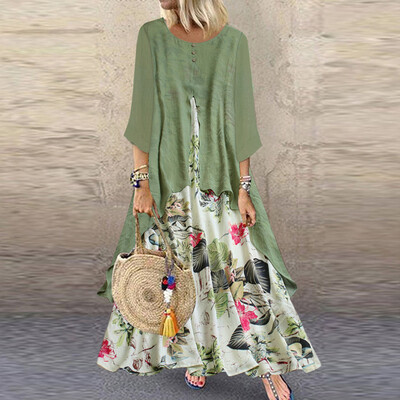 

Tailored Women Vintage Print Patchwork O-Neck Three Quarter Plus Size Long Dress