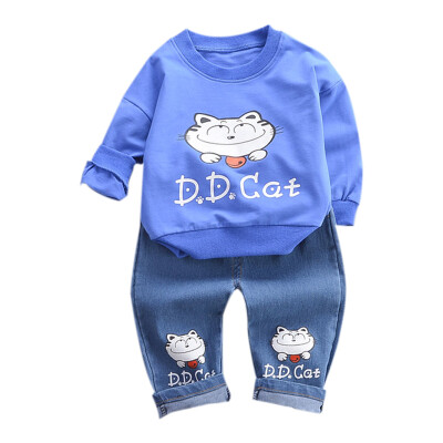 

New Autumn Children Boys Set Baby Clothing Long Sleeve Cartoon Cat Print T-Shirt TopsDenim Pants Trouser Clothes Set 6-48M