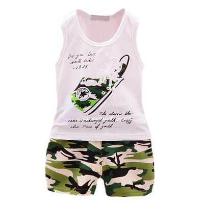 

2PcsSet Summer Baby Boys SleevelessCotton Camouflage Shoes Print Tops Blouse VestShorts Casual Outfits Sets