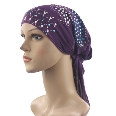 

1 Pc Women Muslim Sequins Decor Long Turban Cap Cancer Chemo Hat Beanie Scarf Turban Elastic Head Wrap